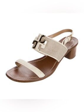 Tory Burch Lowell Logo City Heeled Sandal in Natural/Ivory 9M